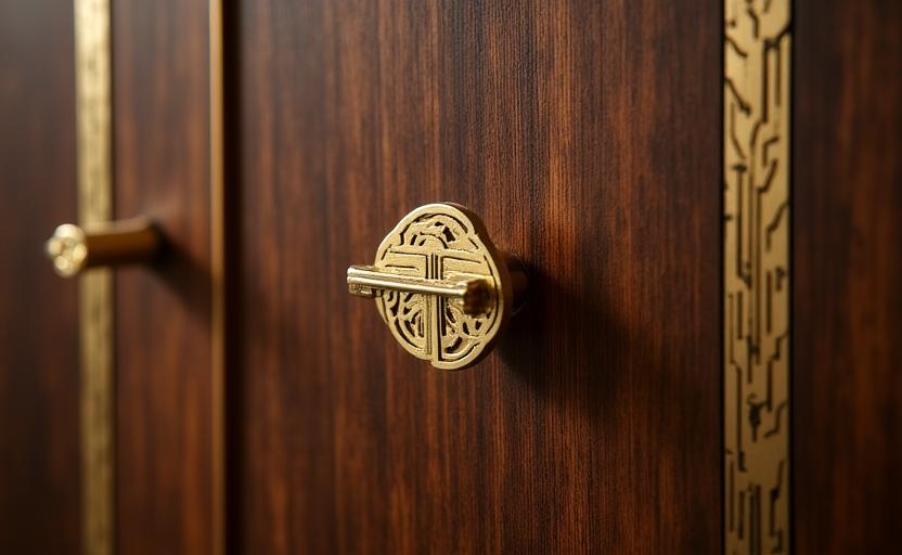Dettaglio mobile in legno con intarsi in ottone